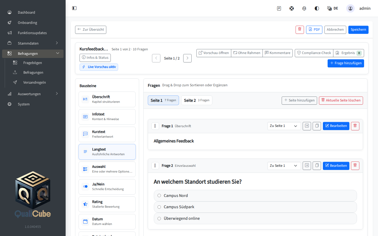 QualiCube Fragebogen-Editor mit Fragen und Live-Vorschau